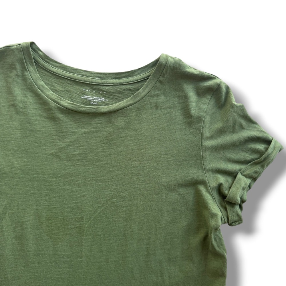 Max Studio M Olive Green 100% Pima Cotton Slub Crewneck Cuffed Sleeves Tee Flaw